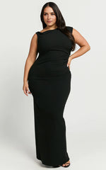 Genie Maxi Dress – Off-Shoulder Figure-Hugging Slip Dress in Black